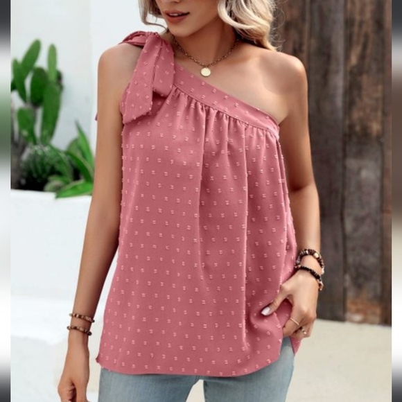 c.cline Tops - C.CLINE Red Swiss Dot Tie-Shoulder Pleated Asymmetrical Top